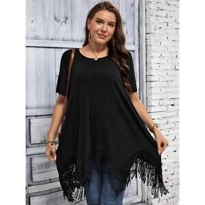 Bloomchic Women's Plus 3X Fringe Black Top Flowy Bohemian Short-Sleeve T-Shirt